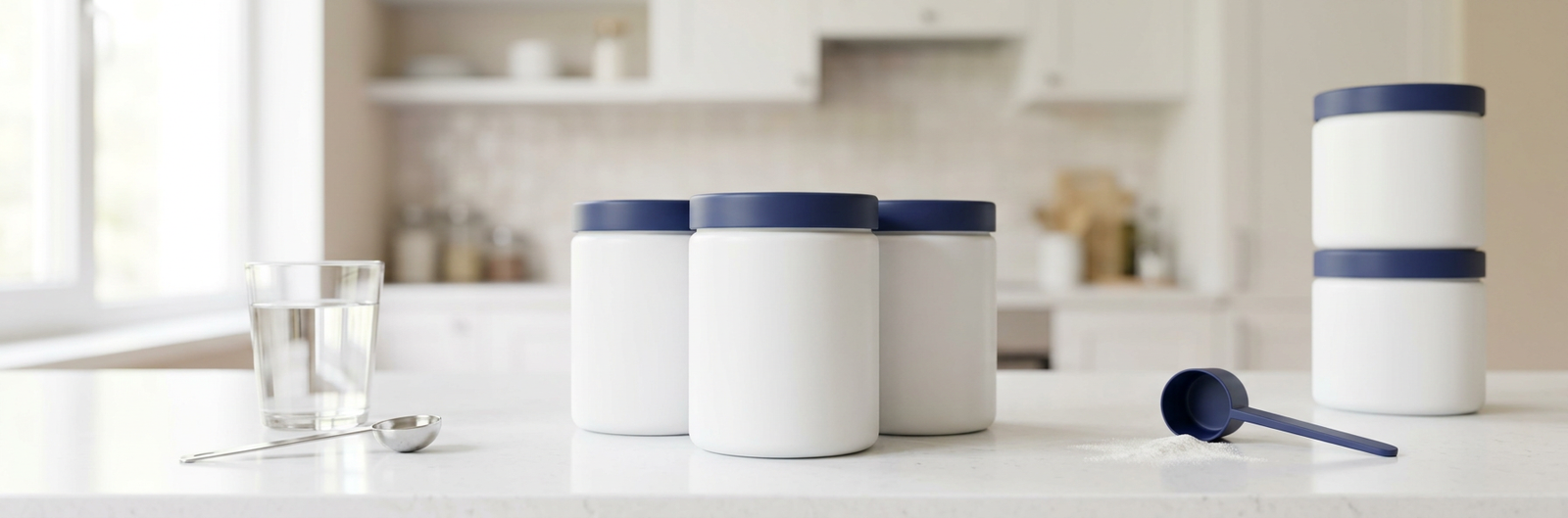 Blank white 300g supplement tubs with navy lids on a kitchen worktop, ready for white label branding