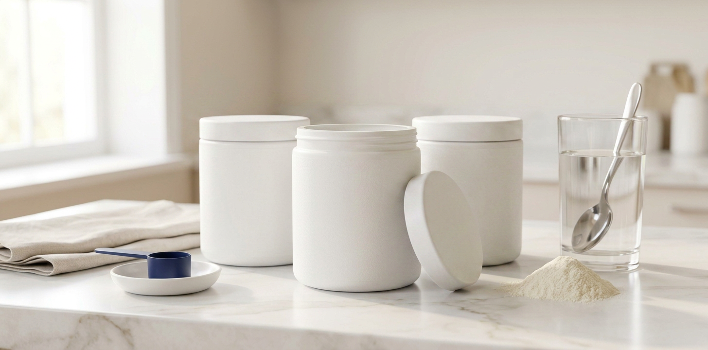 Blank white 300g collagen tubs on a marble worktop with a scoop and glass of water, ready for white label branding