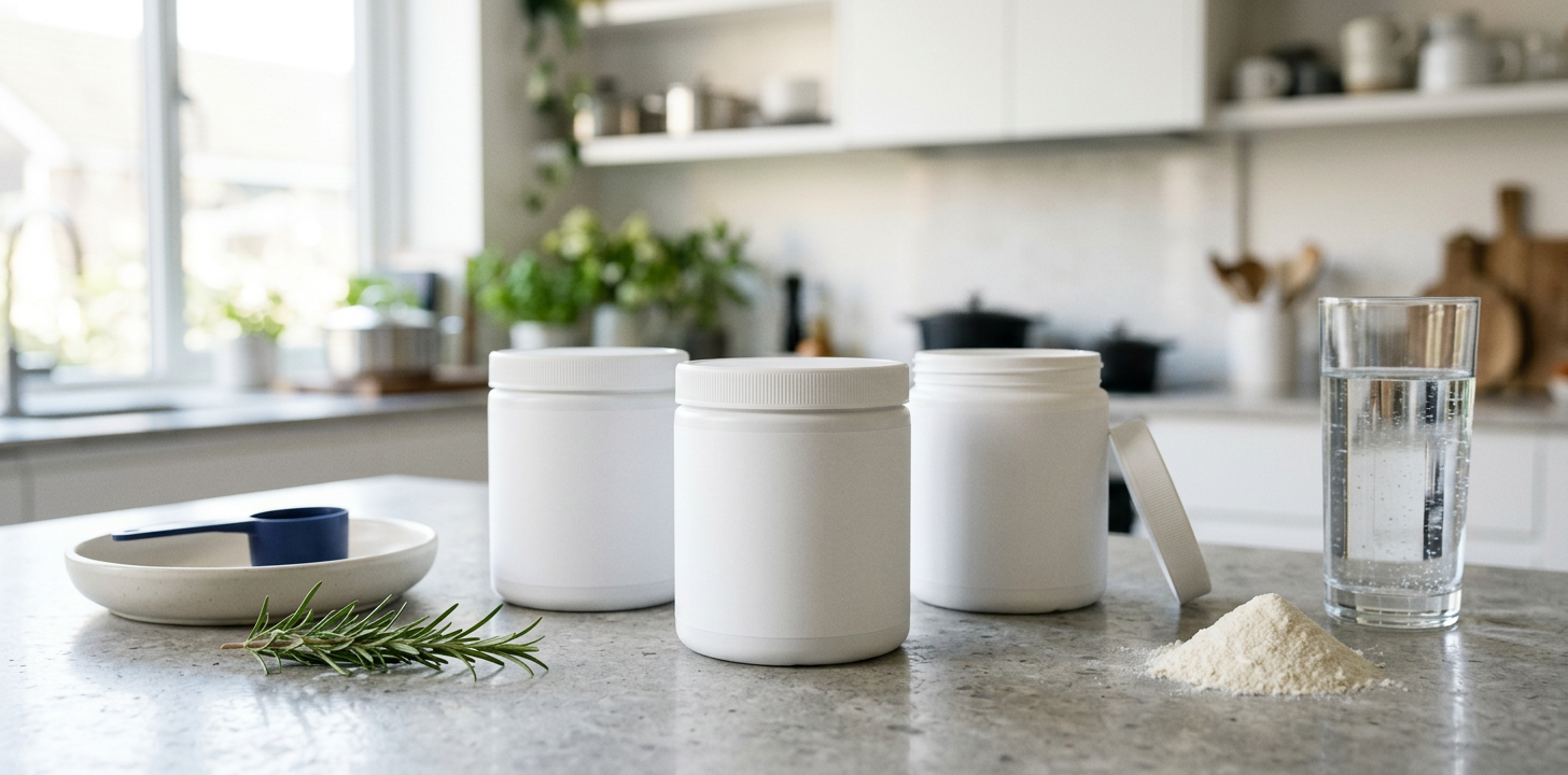 Blank white 300g marine collagen tubs on a stone worktop with a navy scoop and glass of water, ready for white label branding
