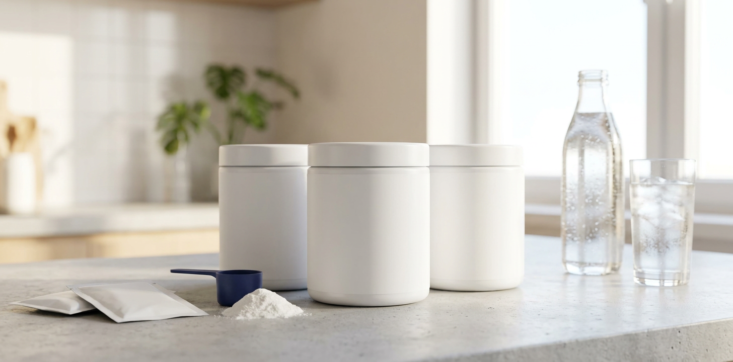 Blank white electrolyte tubs and sachets on a concrete worktop with water and ice, ready for white label branding