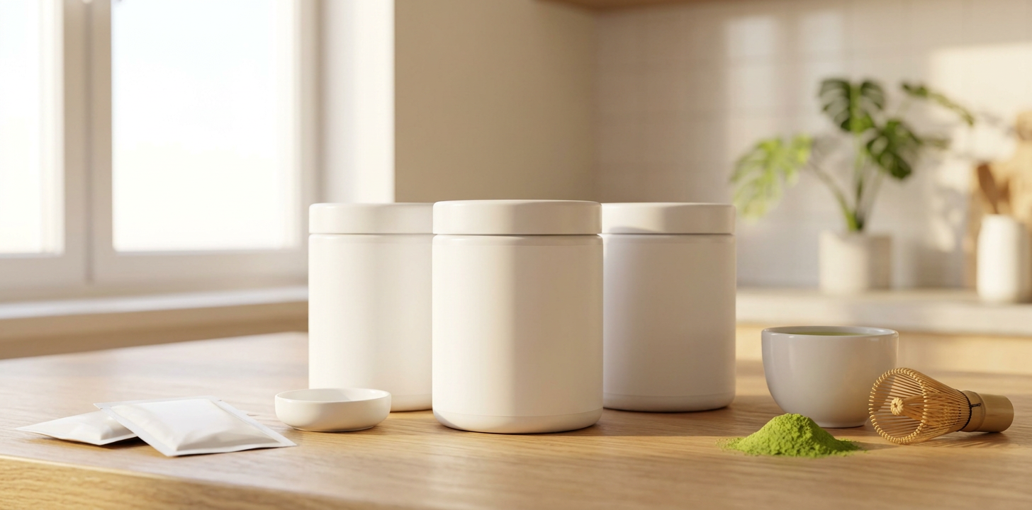 Blank white matcha tubs and sachets on an oak worktop with a bamboo whisk, cup and green matcha powder, ready for white label branding