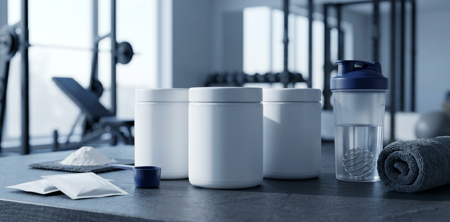 Blank white BCAA tubs and sachets on a slate worktop in a gym with a shaker bottle and towel, ready for white label branding