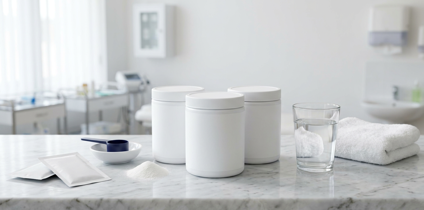 Blank white L-glutamine tubs and sachets on a marble worktop in a clinic setting, ready for white label branding