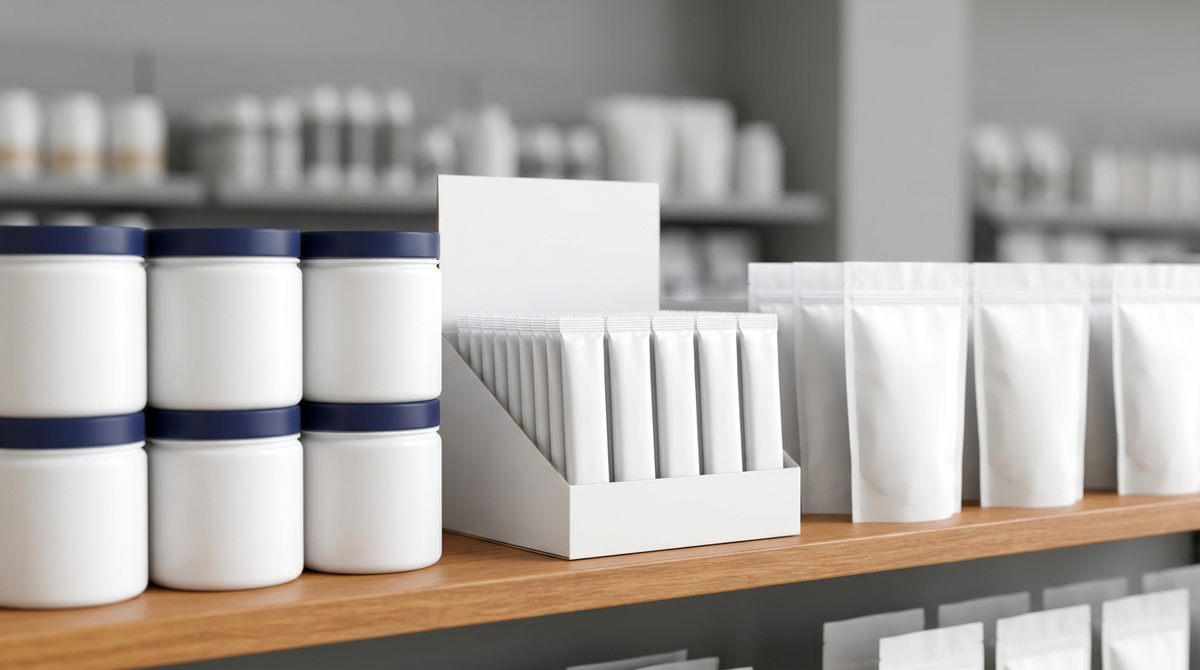 Blank white supplement tubs, stick packs in a shelf-ready display tray and stand-up pouches on a retail shelf, ready for white label branding